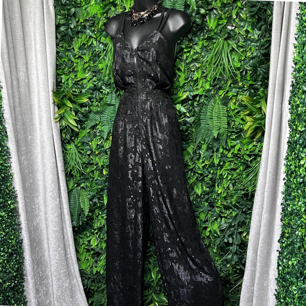 BCBGeneration Jumpsuit Size 2 Black Metallic Jacquard Wide Leg‎ Sheer Legs 3594